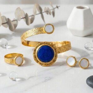 Turkish 18K Gold Plated Sapphire Glass Pearl Cuff Bracelet Ring Set Adjustable